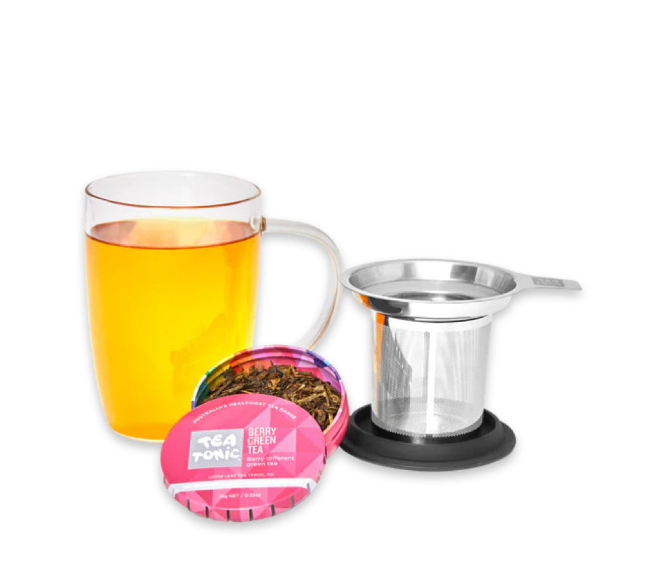 Tea Tonic Glass Tea Mug with Infuser Berry Green Tea Travel Tin 10g Pack