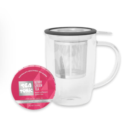 Tea Tonic - Glass Tea Mug with Infuser & Berry Green Tea Travel Tin 10g Pack